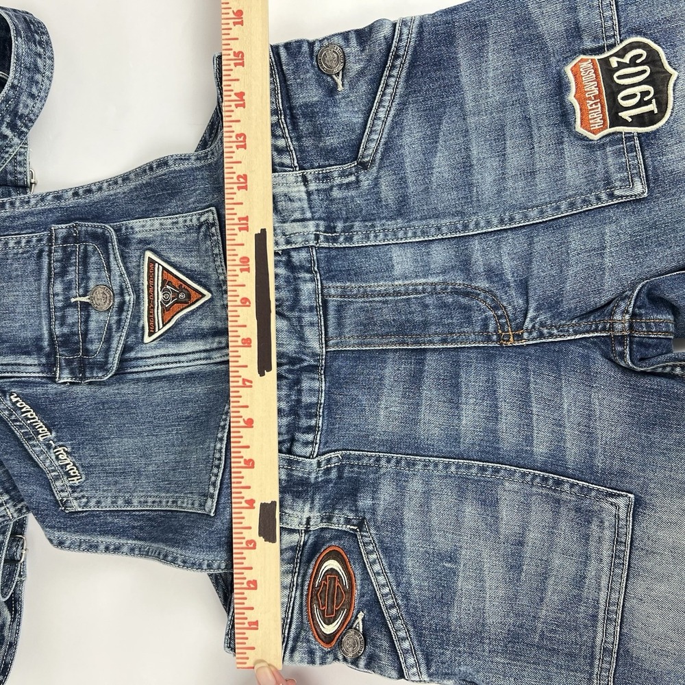 Harley Davidson Overalls Y2K Flare Leg Women's Sz 6 Patches Faded Logo Authentic - Picture 11 of 16